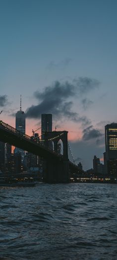 the city skyline is lit up at night, as seen from the water's edge