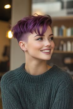 Purple Pixie Cut, Shaved Sides And Back, Sleek Short Hair, Shaggy Bob Hairstyles, The Undercut, Purple Pixie, Strawberry Blonde Highlights, Edgy Pixie Haircuts, Asymmetrical Pixie