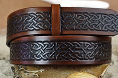 Celtic Knot Leather Belt Traditional Brown Leather Belt Buckles, Traditional Hand Tooled Leather Belt Buckles, Artisan Handmade Leather Belt Buckles, Handmade Artisan Leather Belt Buckles, Traditional Handmade Brown Belt Buckles, Celtic Clothing, Screw Posts, Custom Leather Belts, Leather Working Patterns