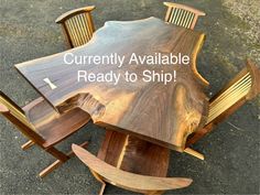 a table and chairs made out of wood with the words currently available ready to ship