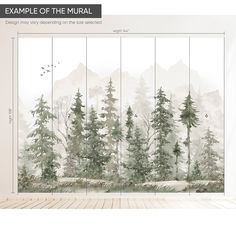 a wall mural with trees and mountains in the background