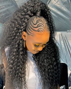 braided ponytail Goddess Feed In Braids Cornrows, Feedin Ponytail Braids With Curls, Braids Into Curly Ponytail, Design Braided Ponytail, Braids With Curly Ponytail, Pencil Hairstyles Braids, Curly High Ponytail, Ponytail With Weave, Cornrows Ponytail