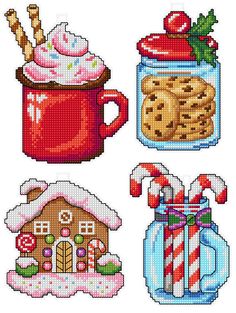 four cross stitch christmas images with candy, cookies and hot chocolates in mason jars