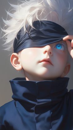 a young boy with white hair and blue eyes wearing a blindfold