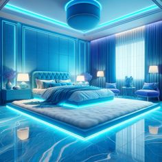 a bedroom with blue walls and flooring is lit up by lights that are on either side of the bed