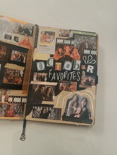 an open scrapbook with pictures and words on the pages that are covered in stickers