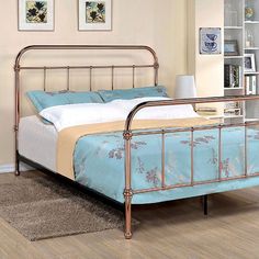 Tamia Metal Bed in Rose Gold California King Platform Bed, Bed Metal, Eastern King Bed, Smart Bed, Bed Platform, King Platform Bed, Curved Headboard, Upholstered Panel Bed, Standard Bed