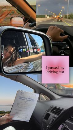 a woman driving in her car with a pink note attached to the side mirror that says, i passed my driving test