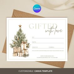 a gift certificate with a christmas tree and presents