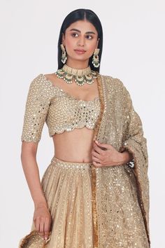 Gold, beige attached cancan lehenga with zari thread, mirror, gota embellishment in stripe pattern. Paired with cutwork embroidered padded blouse and dupatta. - Aza Fashions Mirror Blouse, Abhinav Mishra, Cancan Lehenga, Padded Blouse, Gold Blouse, Bridal Lehengas, Set Women, Gold Mirror, Bridal Lehenga