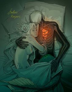 a skeleton hugging a woman in bed with her head turned to the side and glowing