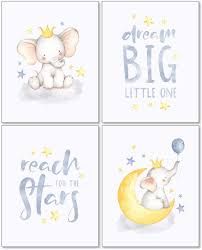 four cards with elephants and stars on them, each one has an elephant sitting on the moon