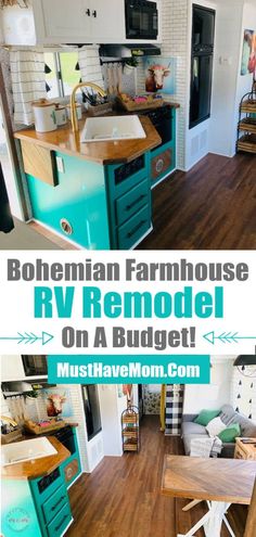 the kitchen and living room are painted teal blue, with text overlay that reads bohemian farmhouse rv remodel on a budget