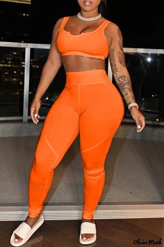 Olivia Mark - Solid Grey U-Neck Sleeveless Two-Piece Casual Sportswear Vest and Pants Ensemble Pantalon Orange, Slim Pants Outfit, Sleeveless Suit, Colorful Crop Tops, Two Piece Pants Set, Casual Sportswear, Casual Athletic, Yoga Set, U Neck