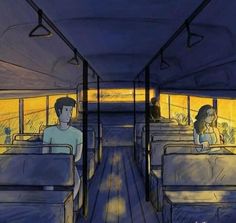 two people are sitting in the back of a bus with their backs to each other