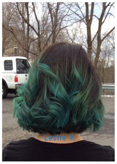 Brown To Teal Hair, Color Block Green Hair, Green Blue Hair Dye, Brown Hair With Green Tips, Teal Hair Short, Emerald Green Highlights, Green Hair Streaks, Dark Teal Hair, Balayage On Black Hair