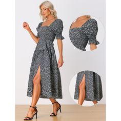 This flowing dress is sweet and feminine with a square neck and short puff sleeve design. This babydoll dress is suited for many occasions, such as summer, parties, beaches, vacations, holidays, gatherings, etc. Perfect matches with high heels for an elegant trendy look. Midi length for a stylish design shows the slim legs, and the floral print adds some highlights to the look. Target Puff Sleeve Dress, Square Neck Smocked Dress For Brunch, Flowy Smocked Dress With Square Neck, Spring Puff Sleeve Dress With Smock And Square Neck, Summer Square Neck Puff Sleeve Dress With Smock Detail, Square Neck Smock Puff Sleeve Dress For Brunch, Brunch Square Neck Puff Sleeve Dress With Smock, Flowy Ruched Puff Sleeve Dress With Square Neck, Brunch Puff Sleeve Dress With Smock And Square Neck