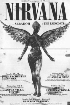 an advertisement for nirvana and the raincoats featuring a woman with wings on her body