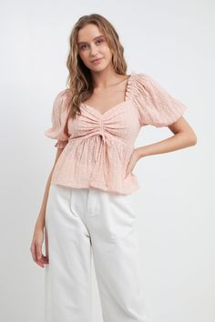 Looking for a unique and stylish top to add to your wardrobe? Check out our Embroidered Sweetheart Top with Puff Sleeves! This top is perfect for any occasion whether you're dressing up for a night out or keeping it casual for a day of shopping. The ruched detail with tie and ruffle detail give this top a touch of femininity while the puff sleeves add a bit of fun and flair. And the best part? The embroidered fabric is sure to turn heads wherever you go! Ruched detail with tie Puff sleeves Ruffl Puff Sleeve Tops, Puff Sleeve Top, Pink Color, Puff Sleeve, Night Out, Dress Up, Style Inspiration, Wardrobe, Pink