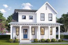 a white two story house with black windows