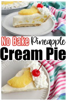 no bake pineapple cream pie on a white plate with the title above it