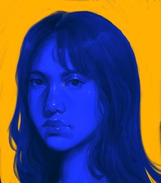 blue portrait of a lady with a yellow background digital art Monochromatic Watercolor Portraits, Monochromatic Eye Painting, Monochrome Drawing Colour, Monochromatic Abstract Painting, Monochromatic Self Portraits, Polychromatic Colour Scheme, One Color Portrait, Monochromatic Painting Portraits, Monochrome Portrait Painting