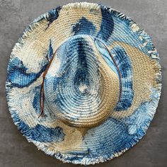 Add A Touch Of Artistic Flair To Your Summer Wardrobe With This Stunning Blue Straw Hat, Hand-Painted In Dallas, Tx By A Local Artist. Featuring Glamorous Gold Paint And Marbled Colors, Each Hat Is A One-Of-A-Kind Masterpiece. The Design Is Completed With A Double Tan Faux Suede Cord Tied In A Nautical Knot, Which Is Easily Replaceable For A Customized Look. This Boho-Chic Hat Is Perfect For Any Occasion, Whether You're Going For A West Coast Glam Look, Enjoying A Tropical Resort, Or Strolling T Bohemian Blue Hat For Spring, Adjustable Hand Painted Blue Hat, Adjustable Blue Hand Painted Hat, Handmade Blue Summer Hat, Artistic Handmade Blue Hats, Artistic Adjustable Blue Hat, Painted Hats For Women, Hat With Fringe, Boho Chic Hats