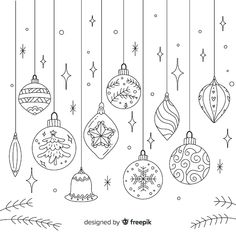 christmas ornaments hanging from strings with snowflakes and stars in the sky behind them