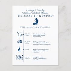 a wedding welcome card with the words welcome to newport in blue and white on it