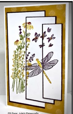 two cards with flowers and dragonflies on them