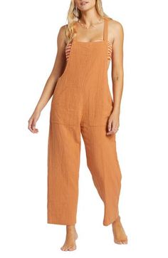 Embrace the ease and versatility of one-and-done comfort with this lightweight cotton-gauze jumpsuit cut with breezy straight legs. Adjustable straps close at the back for a personalized fit with every wear. 47" center front length; 25 1/2" inseam; 21" leg opening (size Medium) Back button closure Square neck Adjustable straps Front slant pockets 100% cotton Machine wash, line dry Imported Billabong Women, White Caps, Maxi Robes, Trouser Pants Women, Swimwear Girls, Metal Plate, Streetwear Women, Streetwear Outfit, Dungarees