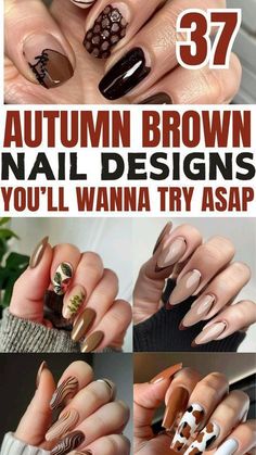 Brown October Nails, Butternut Squash Nails, Fall Brown Nails Design, Nails Fall 2024 Trends, Brown Checkered Nails, Dark Brown Nails Designs, Brown Halloween Nails, Brown And Black Nails, Coffee Nails Designs