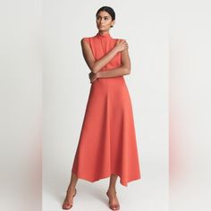 Reiss , Size 0 , Color Pink , Long Dress No Sleeves Ladies Day Outfits, Open Back Midi Dress, Open Back Dress, Back Dress, Linen Dresses, Womens Midi Dresses, Ladies Day, Color Orange, Fit And Flare