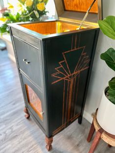 a black cabinet sitting next to a potted plant