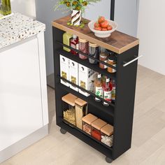 a kitchen cart with spices and condiments on it