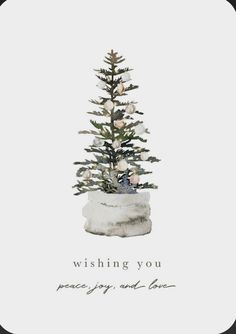 a small christmas tree in a pot with the words wishing you peace and love