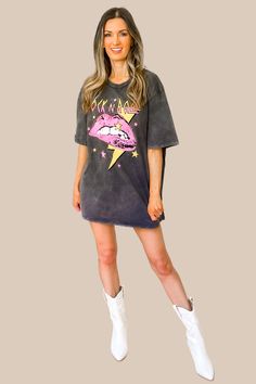 Our Rock N Roll Lips Graphic Tee features a mineral wash, premium soft comfort charcoal fabric, short sleeves, distressed graphics, Rock N Roll wording, stars, lightening bolt and lips, with a straight hem. Fit: Oversized. Pre shrunk. 100% Cotton. Machine Wash Cold. Tumble Dry Low. Size Small measures Length 28", Bust 45". Model Measurements: Height 5'5", Bust 35", Waist 33", Hips 35" typically a size Small, wearing a size Large. Size up 1 or 2 sizes to get the t shirt dress look. Lips Graphic, We Rock, Rock And Roll Bands, Oversized Graphic Tee, Rock Tees, Band Shirts, Country Girl, Rock N, Country Girls