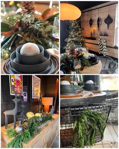 four different pictures of christmas decorations in various styles and colors, including pine cones, evergreens, candlesticks, dishes