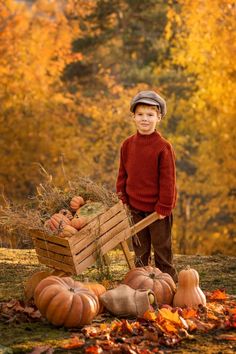 a young boy standing next to a wheelbarrow filled with pumpkins and gourds