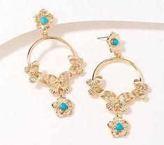 Celebrate warmer weather with these gorgeous drop earrings that feature floral and butterfly motifs. From Susan Graver. Susan Graver, White Turquoise, Ear Piercings, Floral Design, Jewelry Earrings, Drop Earrings, Floral, Design