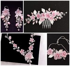 four pictures of pink flowers and leaves in various stages of being worn on the bride's headpiece