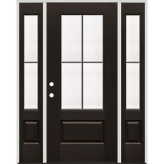 the front door is black and has two sidelights on each side, with glass panels