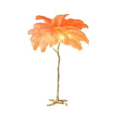 an orange feathered lamp is on a white background with the light shining through it