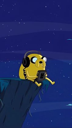 a cartoon character with headphones sitting on top of a cliff looking at his cell phone