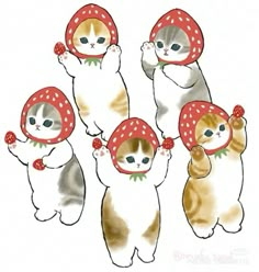 a group of cats wearing red hats and holding something in their hands while standing next to each other