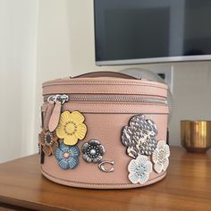 The Tea Leaf Flowers Each Cost 25 At The Store, I Custom Designed This Myself And It’s 1 Of 1! Pink Coach Bag As Gift, Luxury Pink Bag With Zipper Pouch, Pink Coach Bucket Bag, Vanity Case Bag, Flowers Color, At The Store, Tea Leaf, Vanity Case, Leaf Flowers