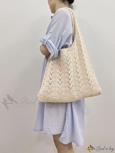 Bird in Bag - Solid Color Knit Tote with Stylish Hollow Out Design Cream Knitted Summer Bag, Cream Knitted Bag For Summer, Casual Beige Knitting Pattern, Casual Beige Knit Knitting Pattern, Casual White Hand-knitted Bag, Beach Crochet Knit Bag, Casual White Hand Knitted Bag, Casual Crochet Knit Bag For Daily Use, Casual Crochet Knit Bag