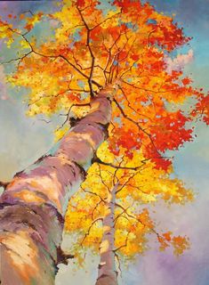 an oil painting of trees with autumn leaves