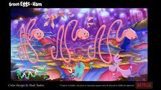 an animated image of the word hello written in pink and blue with cartoon animals on it