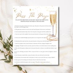 a card with the words pass the page and a glass of champagne next to it